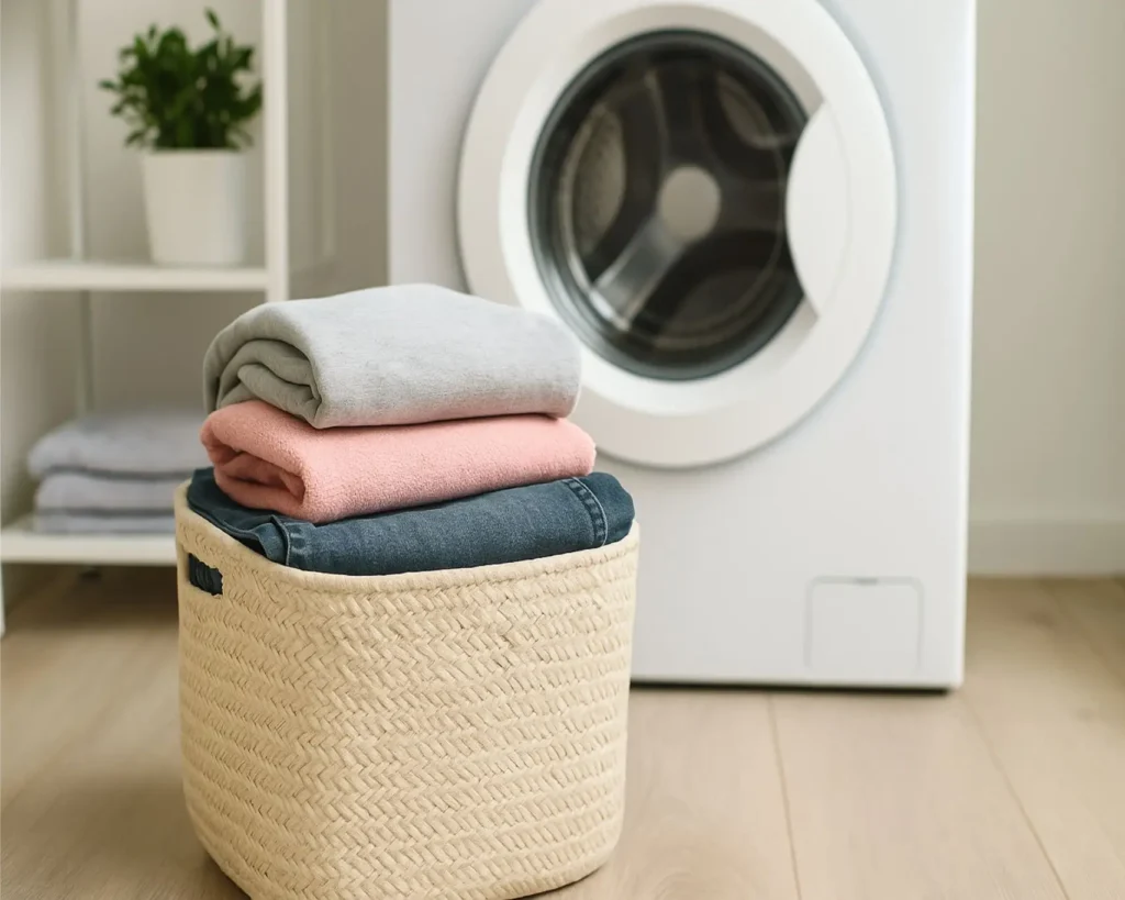 bolsa-lavado-m Bolsa de colada M con ropa doblada junto a lavadora – servicio de lavandería Madrid