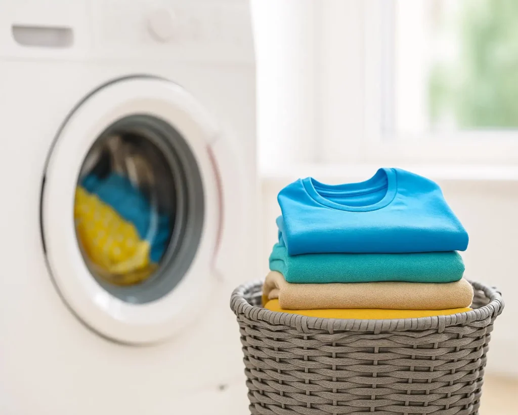 lavado-colada-pequeña-ropa-diaria Cesta con ropa doblada junto a lavadora para colada pequeña diaria, ideal para servicio de lavandería a domicilio hasta 6 kg.